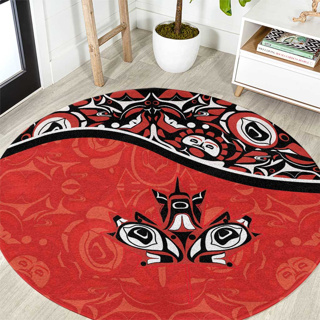 Canada Day Round Carpet Haida Maple Leaf Style Tattoo Red