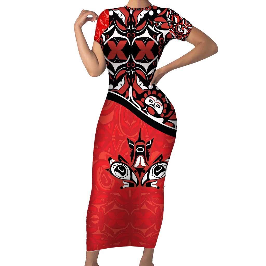 Canada Day Short Sleeve Bodycon Dress Haida Maple Leaf Style Tattoo Red