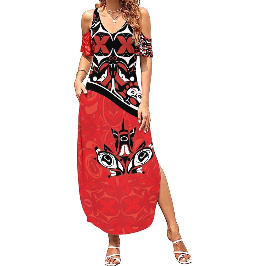 Canada Day Summer Maxi Dress Haida Maple Leaf Style Tattoo Red