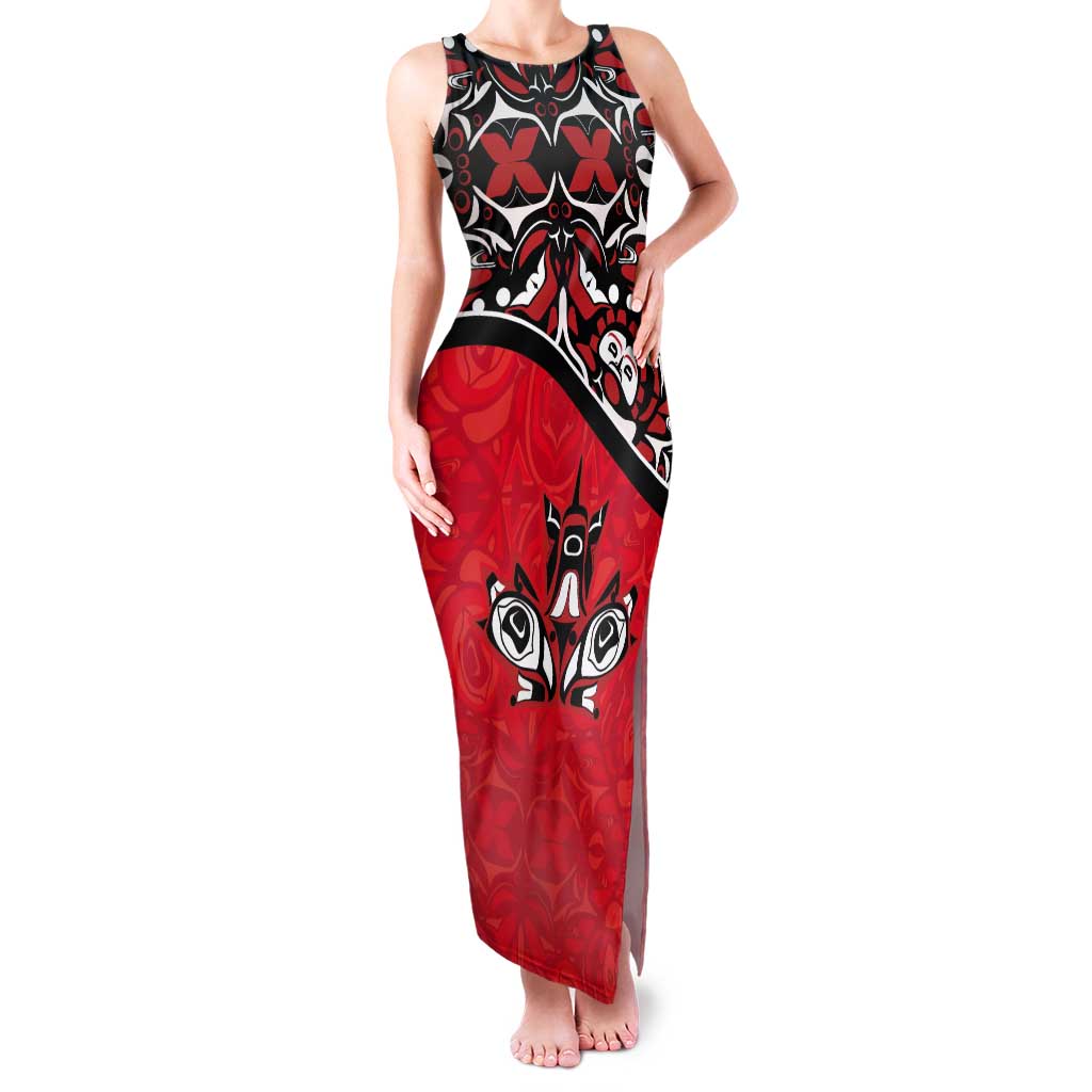 Canada Day Tank Maxi Dress Haida Maple Leaf Style Tattoo Red