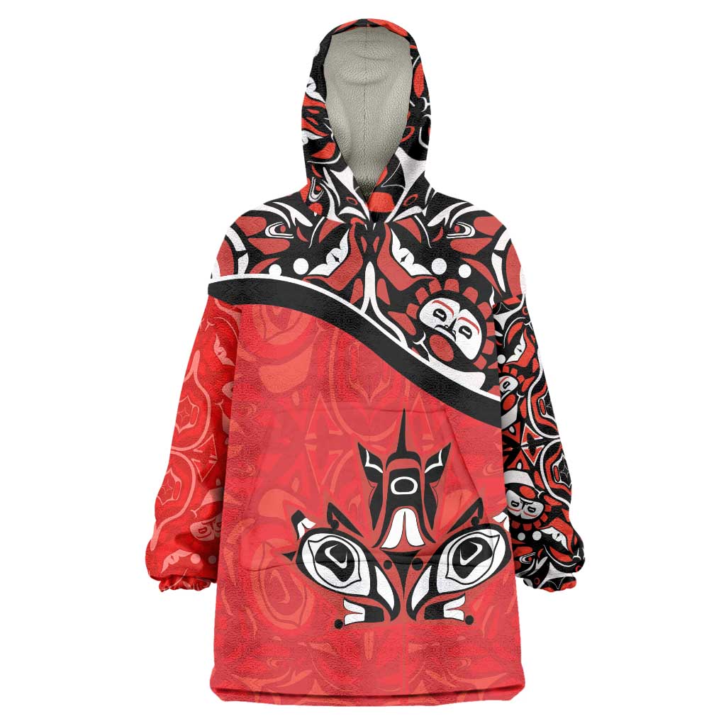 Canada Day Wearable Blanket Hoodie Haida Maple Leaf Style Tattoo Red