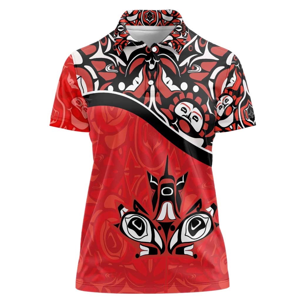 Canada Day Women Polo Shirt Haida Maple Leaf Style Tattoo Red