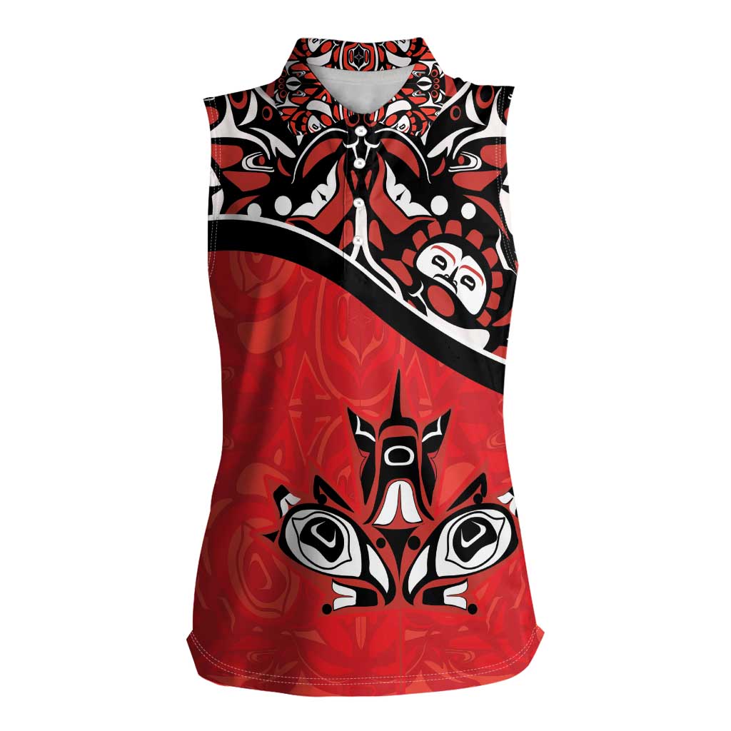 Canada Day Women Sleeveless Polo Shirt Haida Maple Leaf Style Tattoo Red