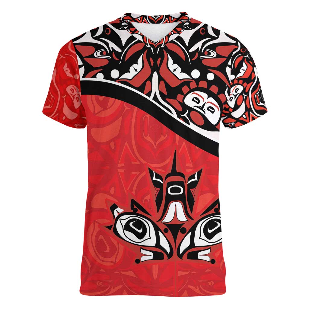 Canada Day Women V-Neck T-Shirt Haida Maple Leaf Style Tattoo Red