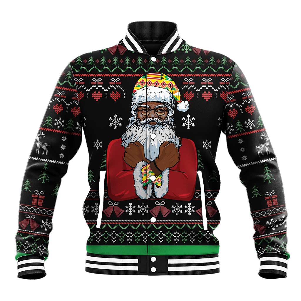 Black baseball jacket with Santa graphic and festive patterned trim