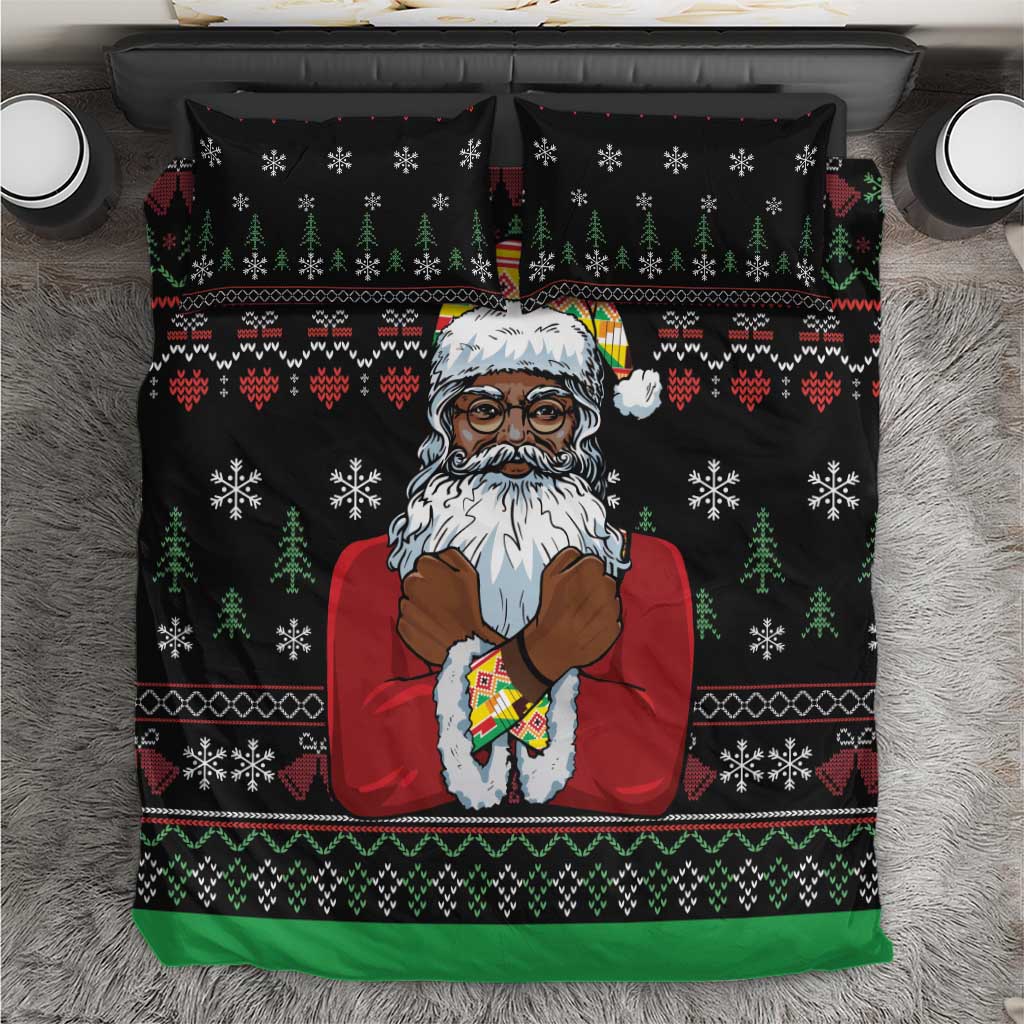 Black Christmas bedding set with Santa portrait and festive snowflake, tree pattern