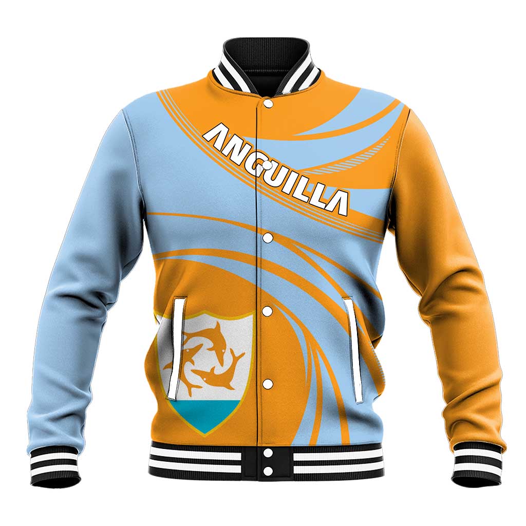 Colorblock baseball jacket with snap buttons, ribbed collar, crest patch, yellow and light blue