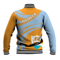 Back view baseball jacket, ribbed hem and cuffs, snap front, yellow and light blue with crest