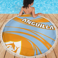 Round beach blanket with fringe, light blue and orange curved stripes, large emblem centered