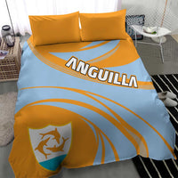 Light blue duvet with orange curved lines, ANGUILLA text, and crest shield on the lower corner