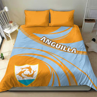 Light blue and orange bedding set with ANGUILLA logo and crest shield; two yellow pillowcases