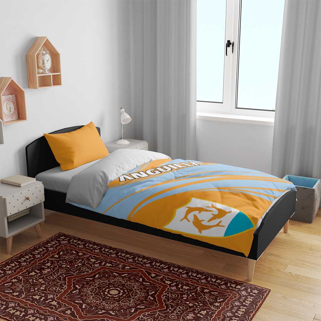Light blue and orange duvet with ANGUILLA stripe design and crest shield; yellow accent pillow