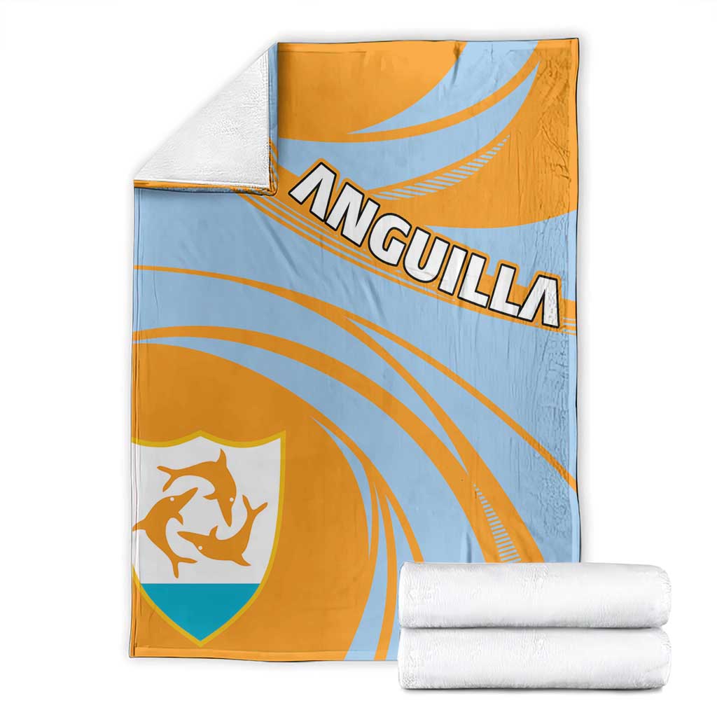 Cricket-style blanket front view with orange and light-blue wave stripes and shield crest.