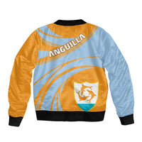 Bomber jacket with ribbed collar and zipper, yellow-orange and light blue back design, black hem.