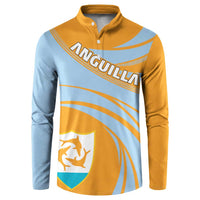 Gold and light-blue cricket-style button sweatshirt with crest and diagonal graphic