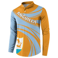 Gold and light-blue cricket-style button sweatshirt with crest shield and sweeping stripes