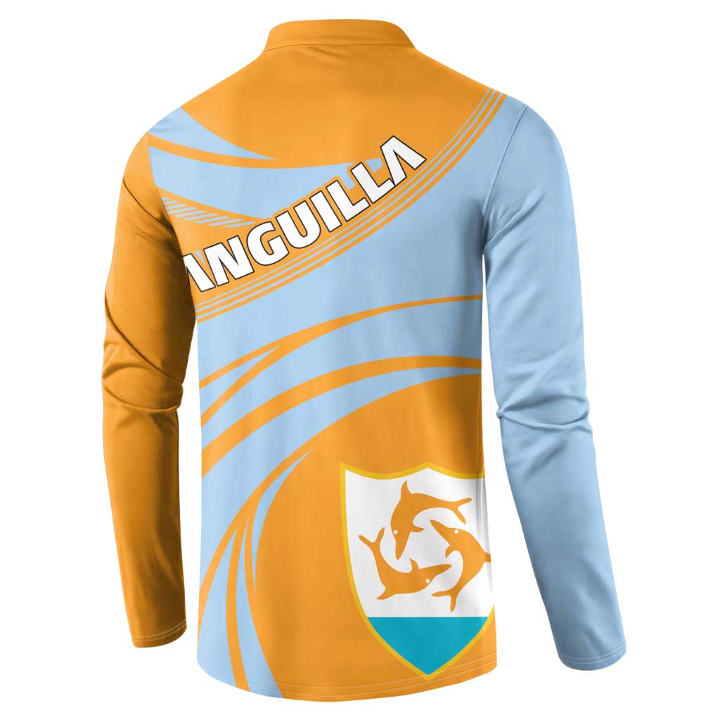 Back view gold and light-blue cricket-style button sweatshirt with crest and stripe pattern