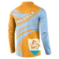 Back view gold and light-blue cricket-style button sweatshirt with crest and stripe pattern