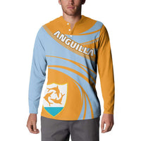 Gold and light-blue cricket-style button sweatshirt with diagonal stripes and crest shield