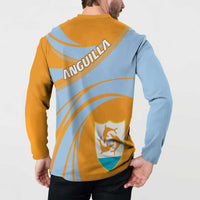 Gold and light-blue cricket-style button sweatshirt back with crest and flowing stripe design