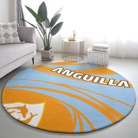Round cricket-style carpet with Anguilla logo, blue and orange-yellow stripes, circular