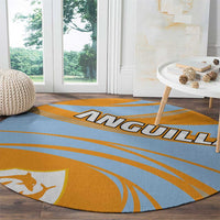 Round carpet with Anguilla text, close-up blue and orange-yellow striped graphic, circular