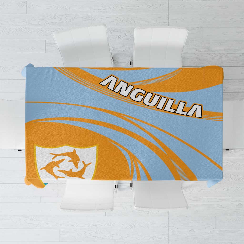Blue and orange cricket-style tablecloth with coat of arms crest, striped border