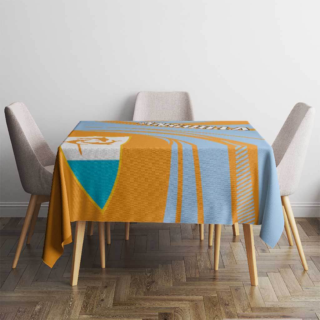 Blue, orange, and yellow tablecloth with cricket stripes and coat of arms emblem