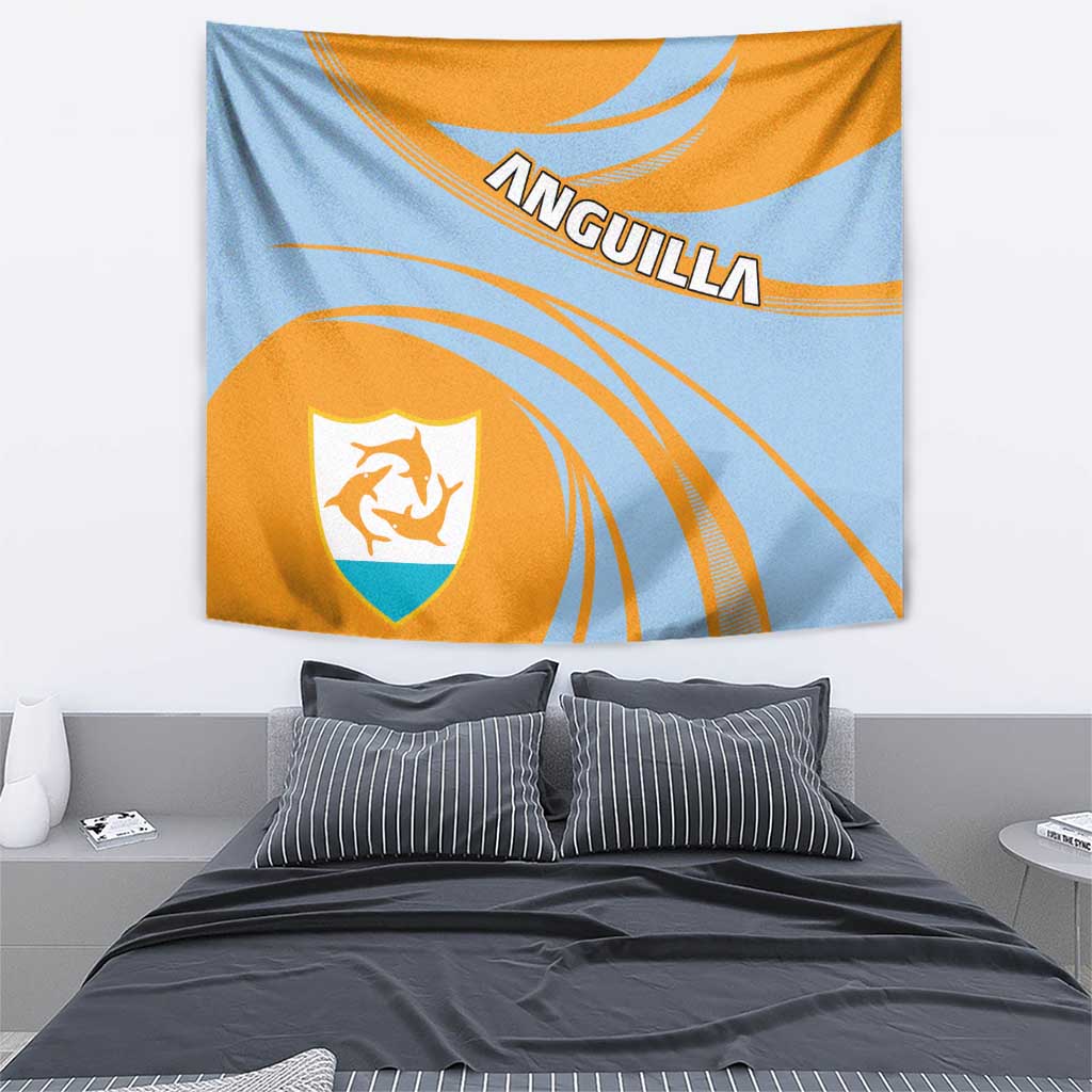Rectangular wall tapestry featuring a center shield crest, arched lettering, and diagonal wave lines