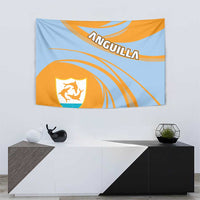Tapestry wall hanging with shield crest badge, arched lettering, and flowing diagonal stripe graphics