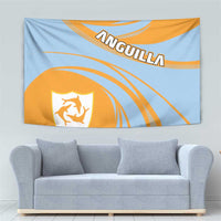 Light blue and orange tapestry with shield emblem, arched name lettering, and curved wave stripes
