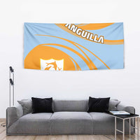 Wall tapestry with shield crest emblem, arched lettering, and diagonal orange wave line pattern
