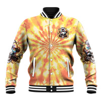 Yellow tie-dye skull baseball jacket with snap button front and ribbed striped cuffs