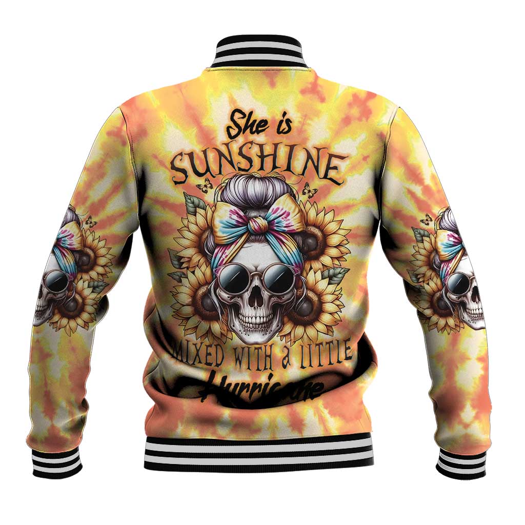 Yellow tie-dye baseball jacket back with 'She is Sunshine' skull floral graphic