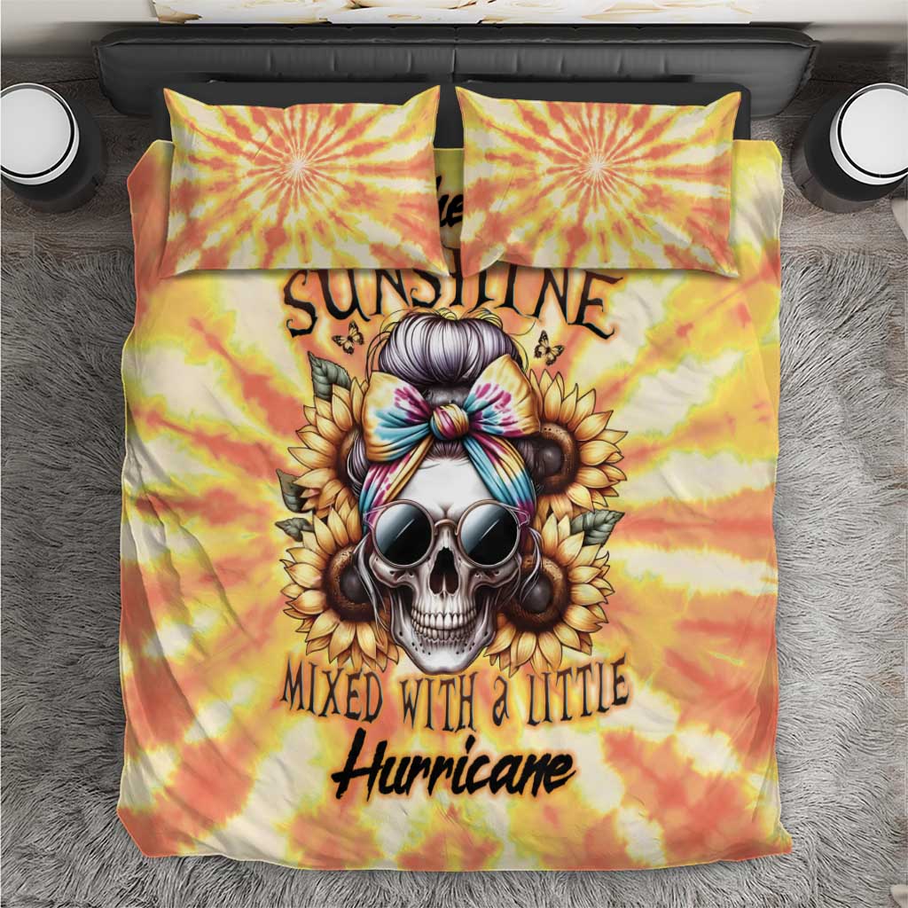 Yellow tie-dye bedding set with skull and sunburst graphics, includes two pillow covers