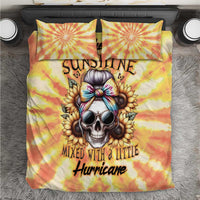 Yellow tie-dye bedding set with skull and sunburst graphics, includes two pillow covers