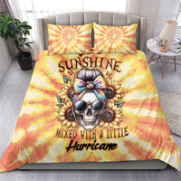 Yellow tie-dye duvet and two pillow covers with skull, sunflower, and text design