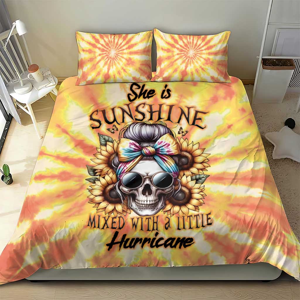 Yellow tie-dye bedding set with skull artwork and 'She is Sunshine' text on duvet