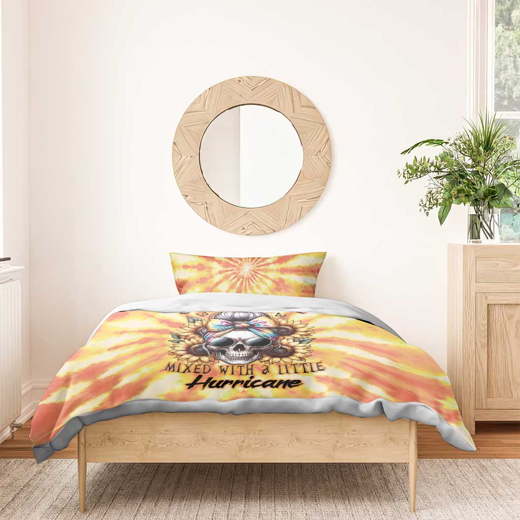 Yellow tie-dye bedding set with skull graphic and 'Mixed with a little Hurricane' text