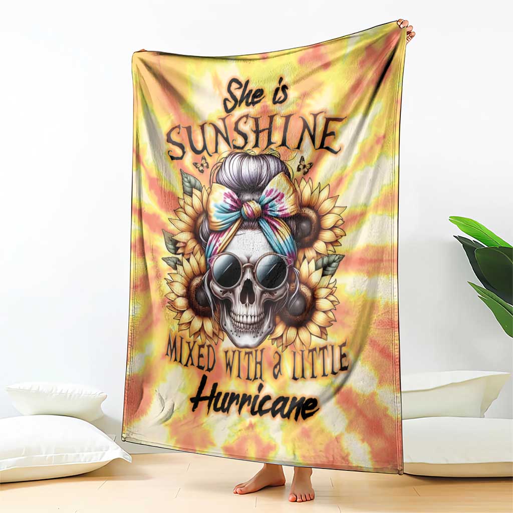 Yellow tie-dye skull graphic blanket with 'Mixed with a little Hurricane' text, standing