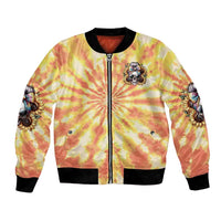 Unisex tie-dye bomber jacket with front skull patch, full-zip, black ribbed cuffs
