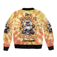 Unisex tie-dye bomber jacket with back skull and floral print, black ribbed hem