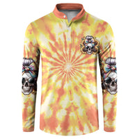 Yellow tie-dye henley sweatshirt with button placket and colorful skull graphic on chest