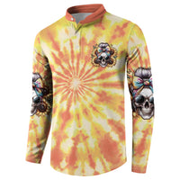 Yellow tie-dye long-sleeve henley sweatshirt with skull graphic and sleeve artwork