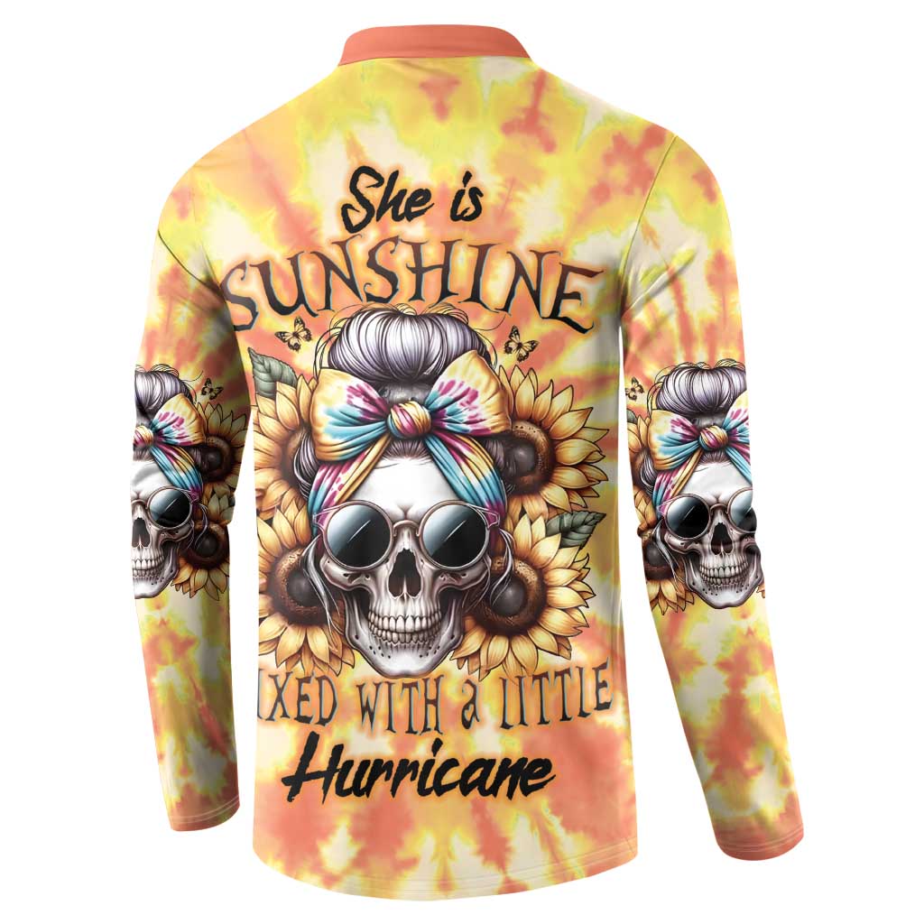 Yellow tie-dye sweatshirt with back skull graphic and "She is Sunshine" text