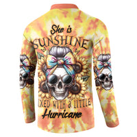 Yellow tie-dye sweatshirt with back skull graphic and "She is Sunshine" text