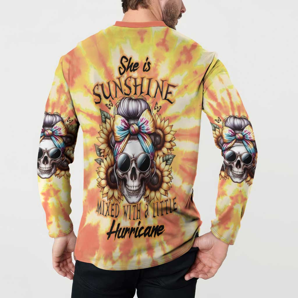 Yellow tie-dye sweatshirt with back sunflower skull graphic and hurricane text