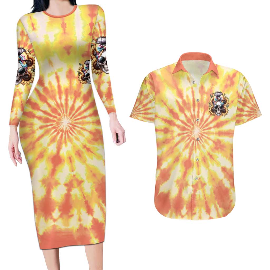 She Is Sunshine Skull Couples Matching Long Sleeve Bodycon Dress and Hawaiian Shirt Tie Dye Yellow - Wonder Print Shop