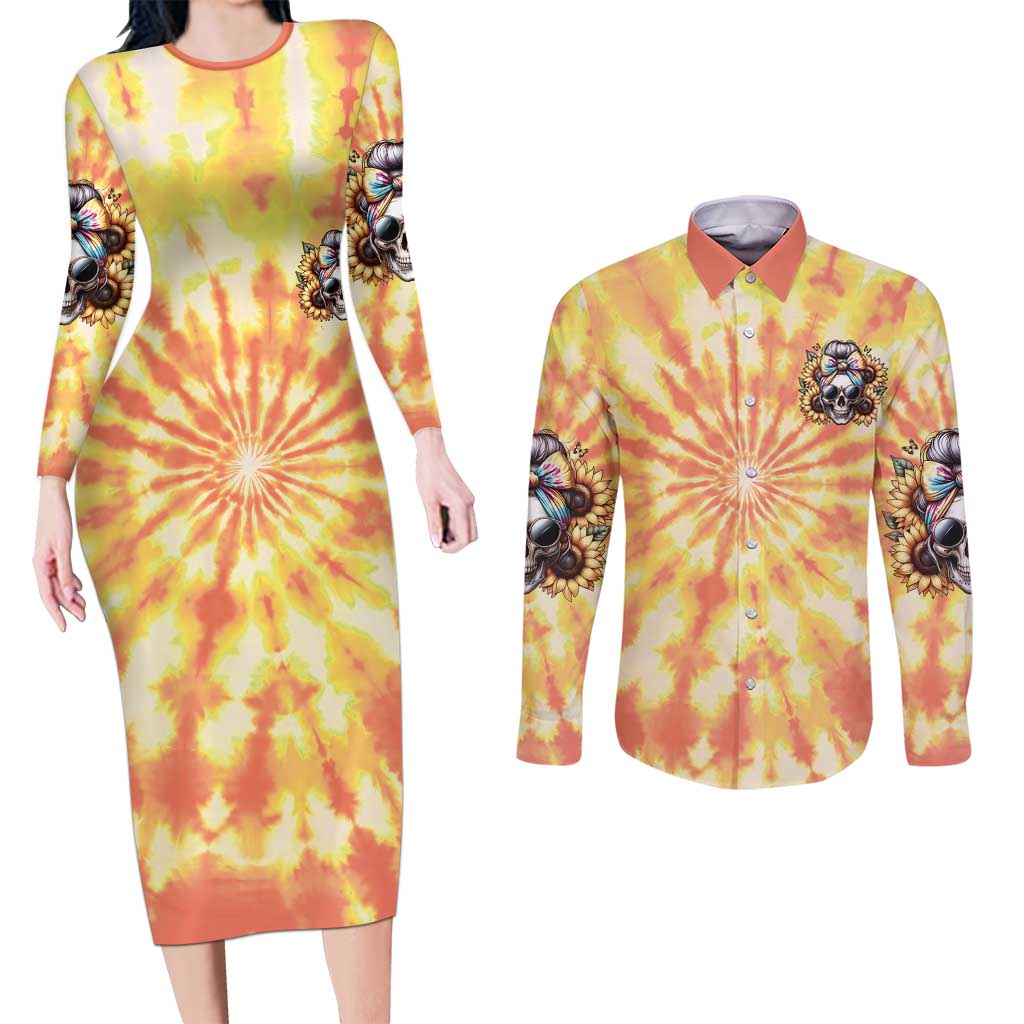 She Is Sunshine Skull Couples Matching Long Sleeve Bodycon Dress and Long Sleeve Button Shirt Tie Dye Yellow - Wonder Print Shop