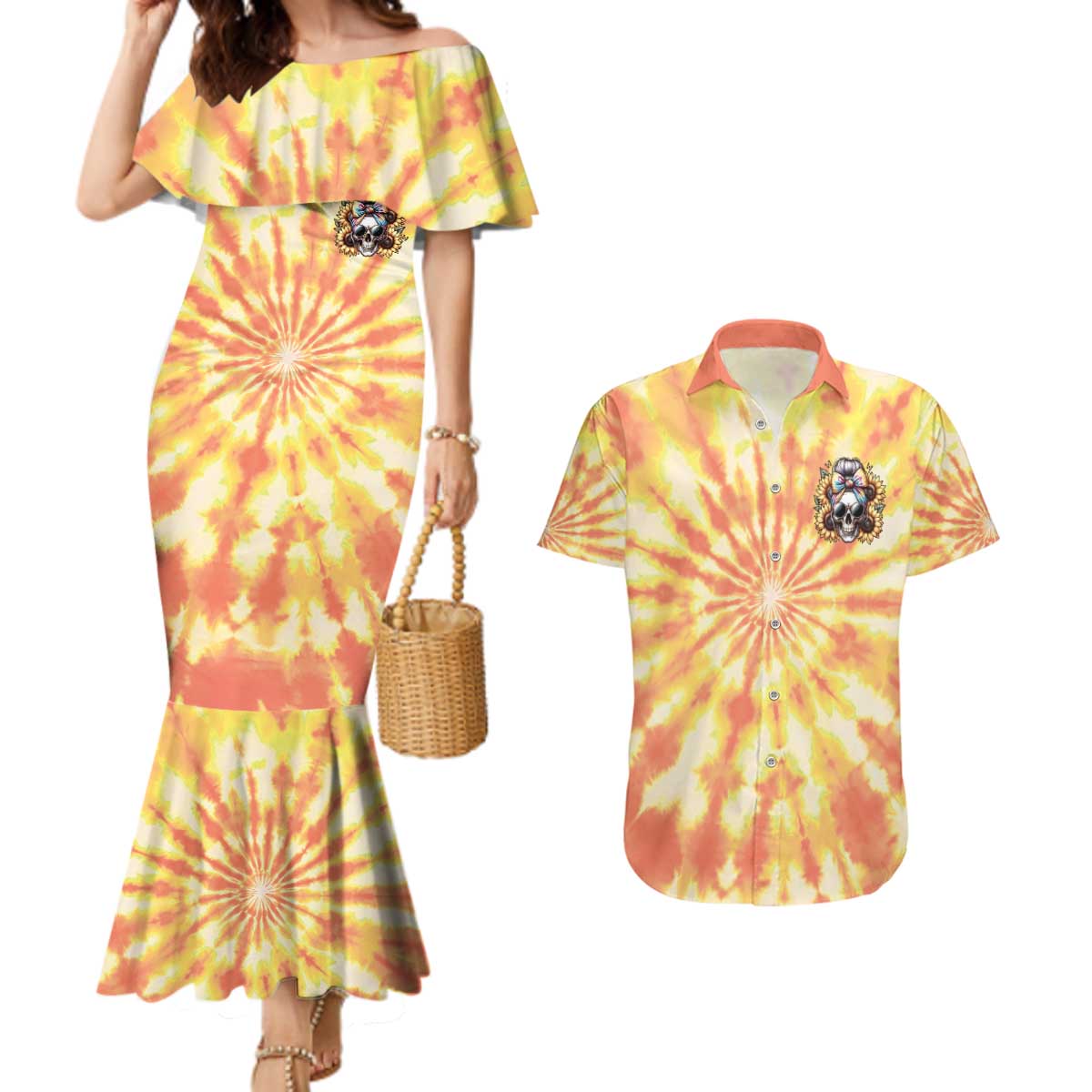 She Is Sunshine Skull Couples Matching Mermaid Dress and Hawaiian Shirt Tie Dye Yellow - Wonder Print Shop